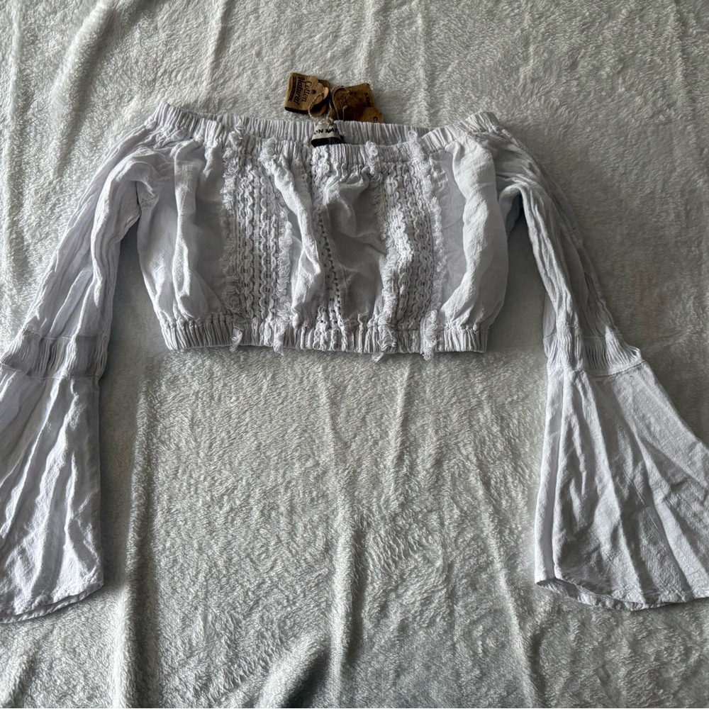 New Natural Cotton Lola Flare Off Shoulder Top High Waisted Shorts White Outfit - Picture 3 of 14